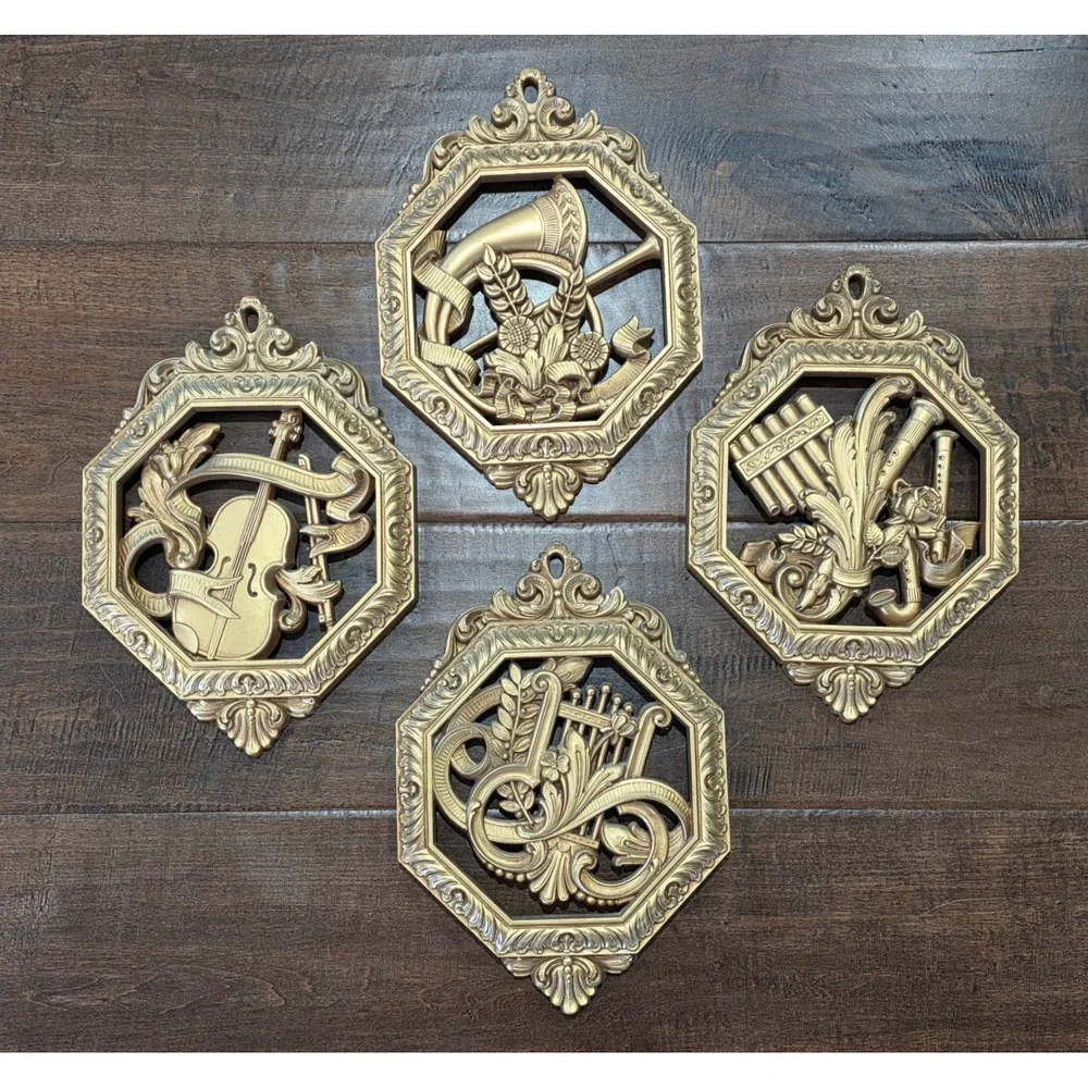 VTG 70s Hollywood Regency MCM Dec Syroco Gold Musical Instrument Plaques Set 4